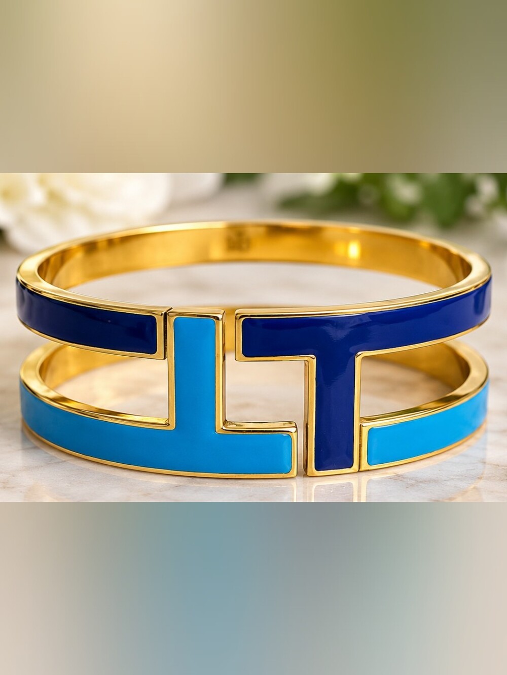 Tory Burch Double T Blue Enamel Gold Tone Bangle Bracelet